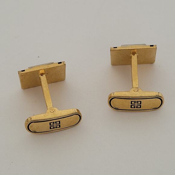 Givenchy G French Tie Bar Clip Cufflinks Set Gold Silver Tone Logo Geometric - Picture 11 of 15